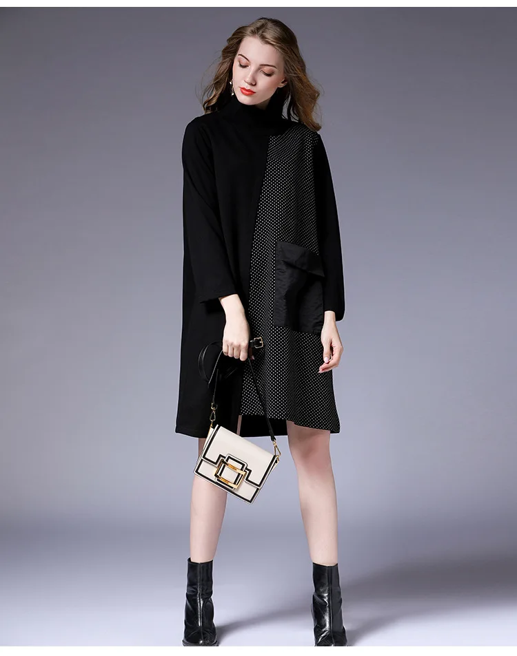 Платье SAYAXIGA осеннее с воротником хомутом контрастных цветов свободное цельное