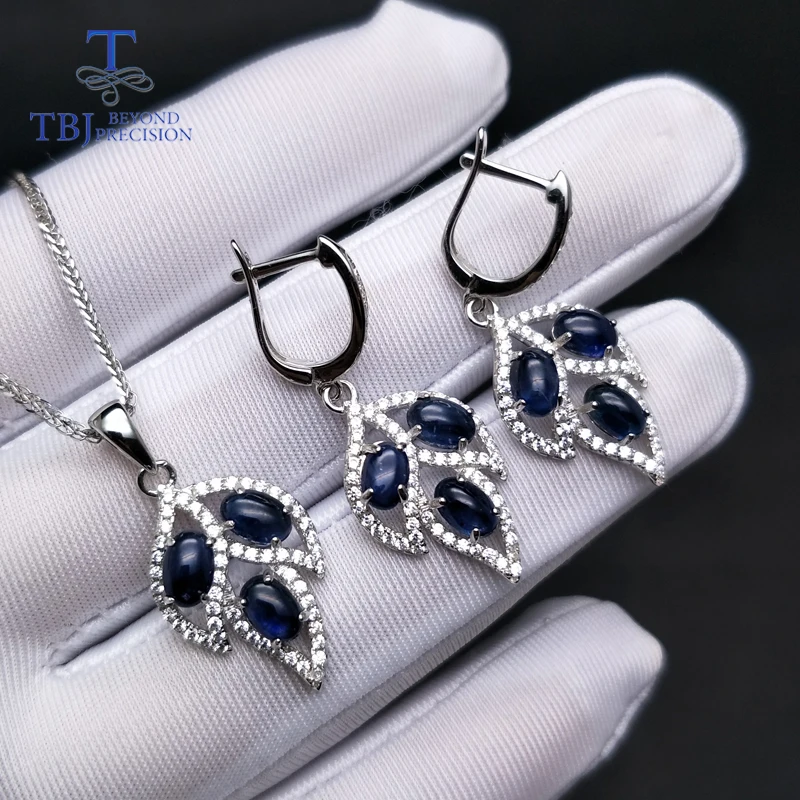 TBJ Tree leaf jewelry set with blue sapphire clasp earring and pendant in S925 silver elegant for women ladies as gift | Украшения и