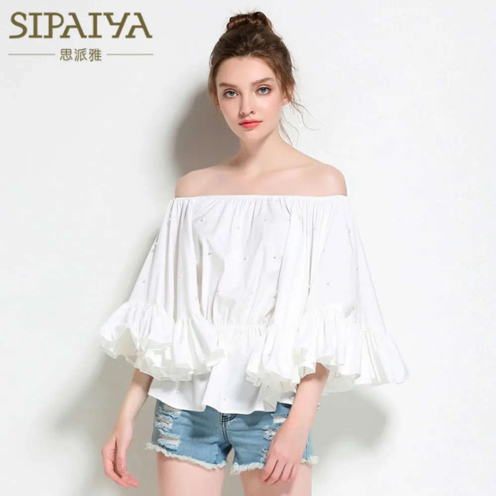

Runway Women's Blouse Beading Sexy Off Shoulder Slash Neck Loose Ruffles Blouses 2017 Summer Feminine Black White Shirt Top New