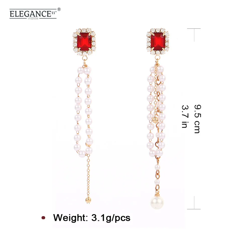 

Elegance Simulated Pearl Earring Asymmetric Long Drop Earrings Red Crystal Golden Chain Tassel for Party Jewelry Wholesale