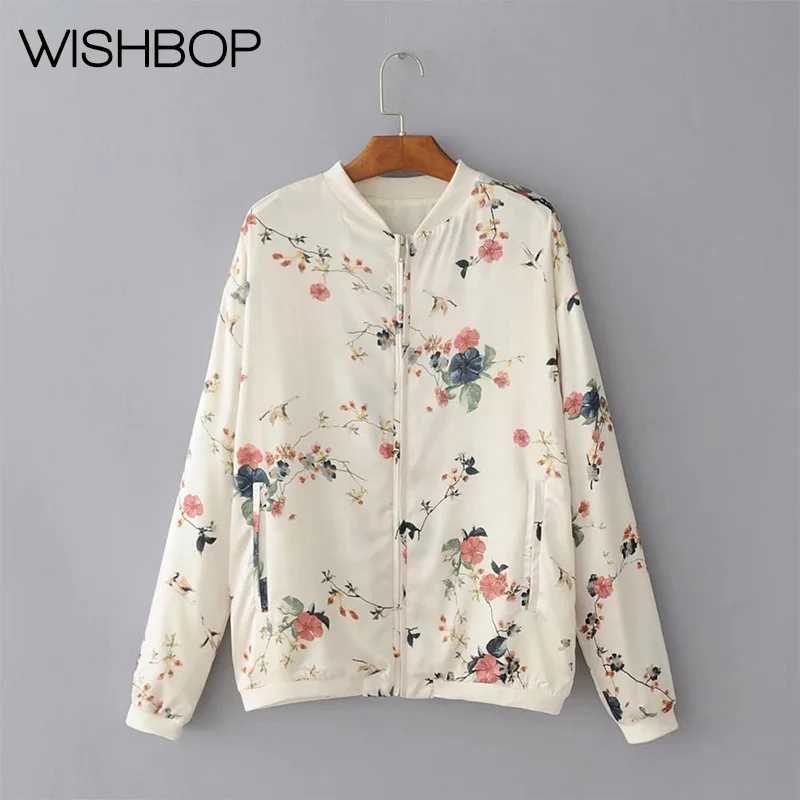 Осень 2017 Женская Повседневная куртка бомбер с цветочным принтом бежевый топ