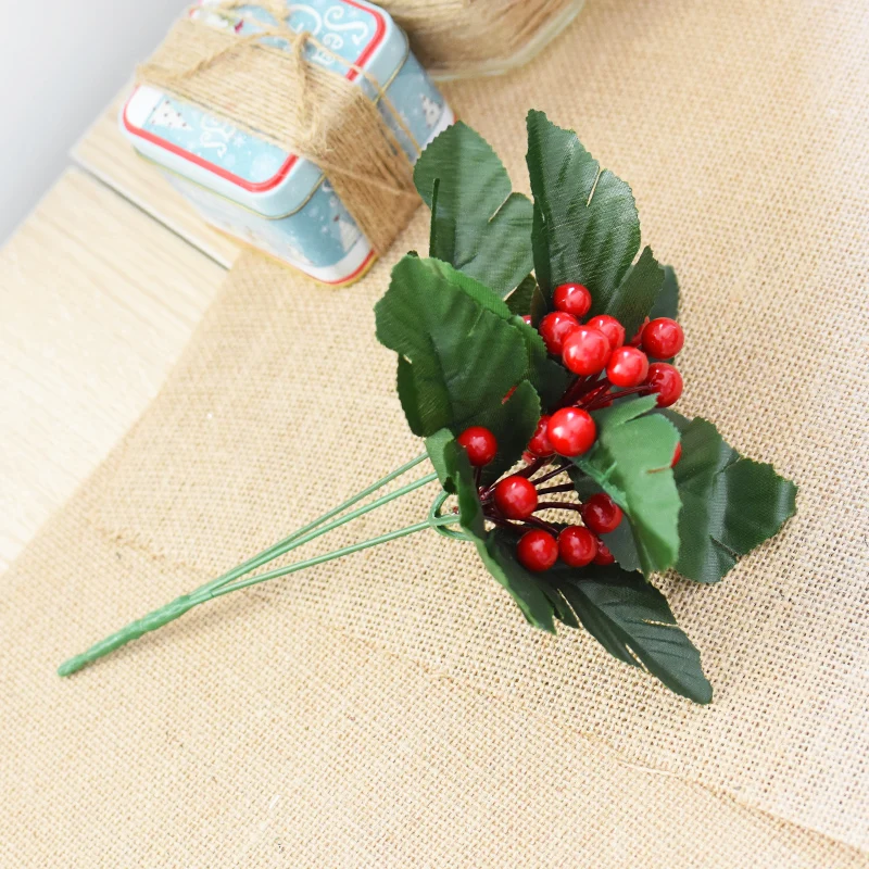 NUCHI 27cm trigeminal Christmas leaf simulation red fruit berry string cutting tree decorations diy accessories | Дом и сад