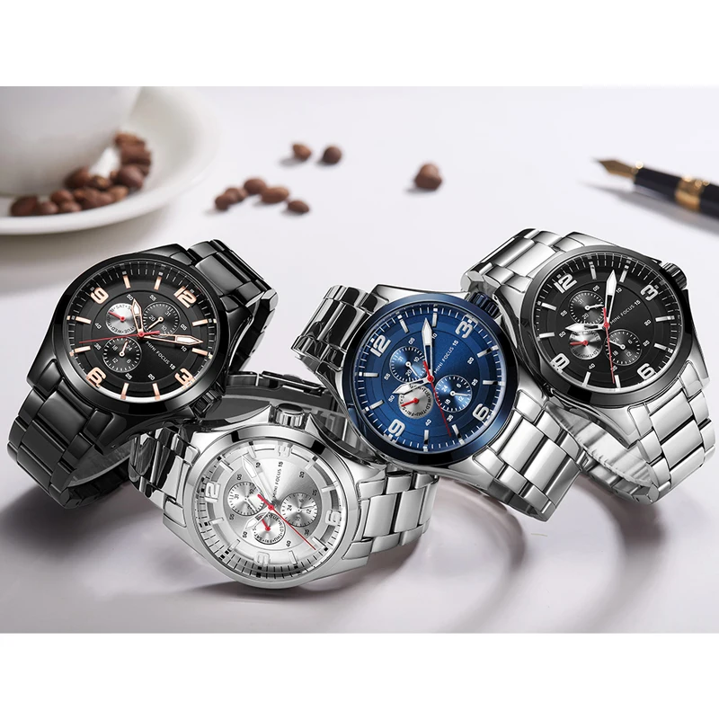 Мини-фокус мужские светящиеся часы из нержавеющей стали деловые кварцевые