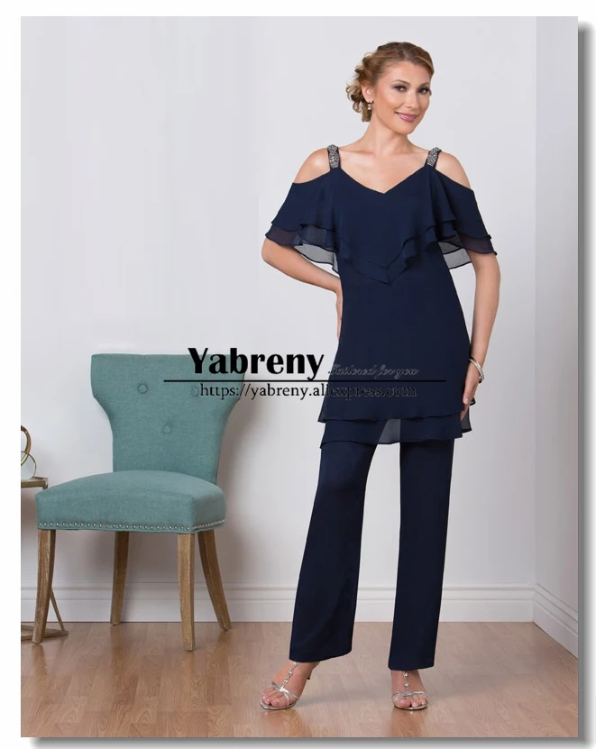 

Chiffon Dark Navy Mother of the bride pant suits Summer wedding pants dress Custom Plus size