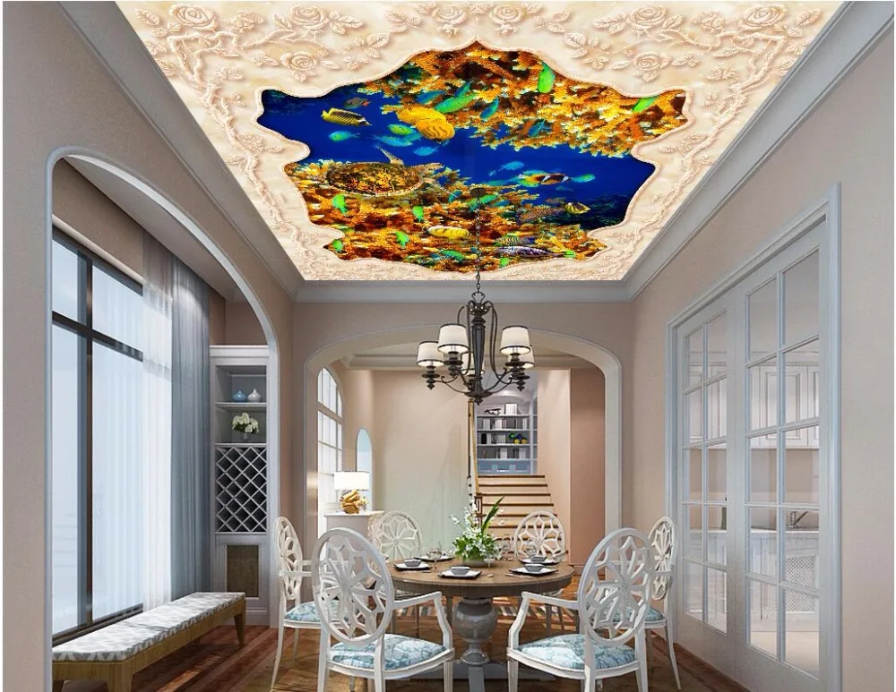 Фотообои на заказ объемные фрески потолок нетканые обои с изображением морского