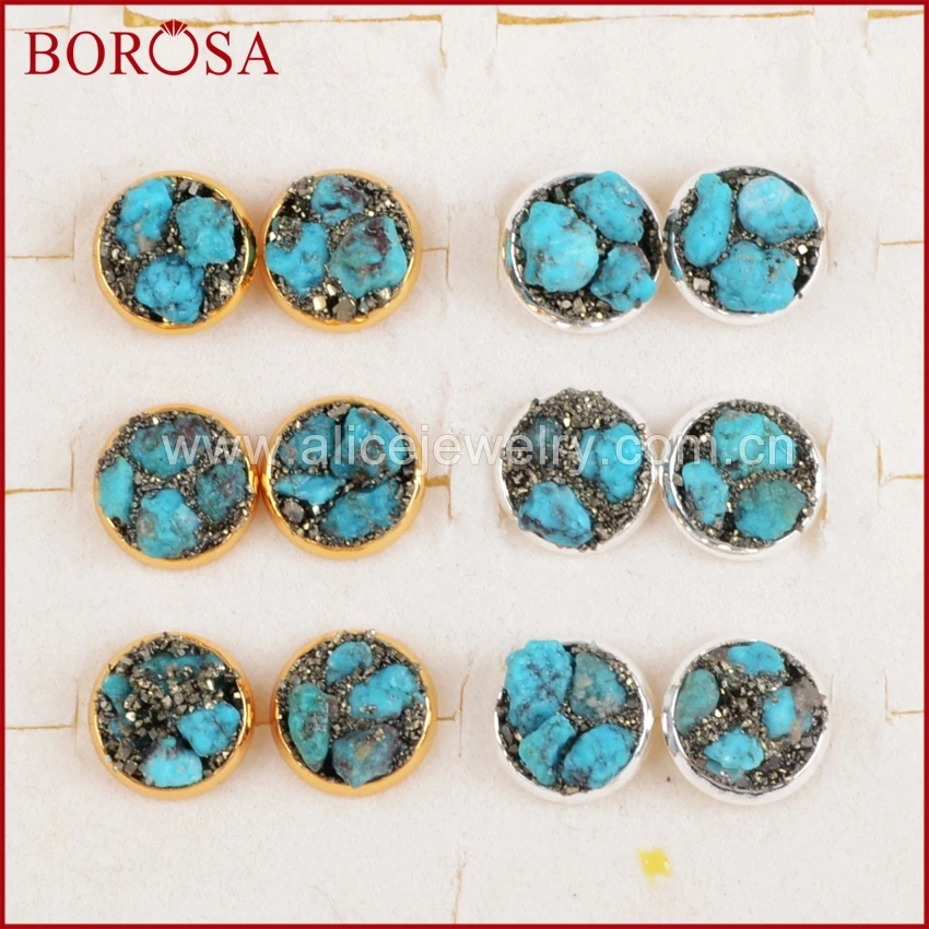 Женские серьги гвоздики BOROSA Серебристые с натуральным камнем зеленого и