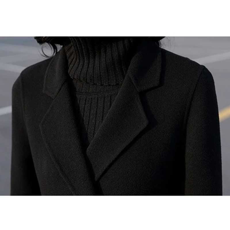 Женское шерстяное пальто двубортное элегантное с соединением внакрой Осень зима