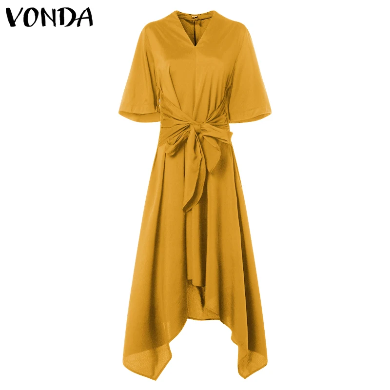 Yellow VONDA модное летнее длинное платье макси, женское сексуальное платье с коротким рукавом и v-образным вырезом, асимметричные винтажные вечерние платья с высокой талией - Цвет: Yellow