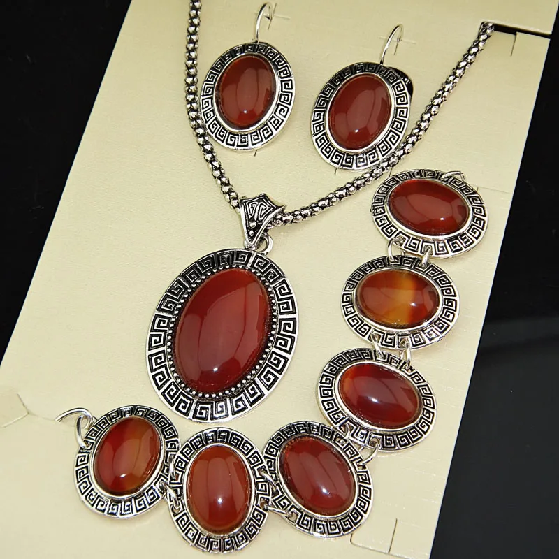 Agate 3 шт., античное серебро, большой овальный натуральный тигровый камень, серьги, браслет, ожерелье, Женский винтажный ювелирный набор, A-697 - Окраска металла: Agate