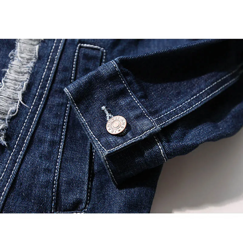 

Spring New Fashion Men's Denim Jacket Cotton Solid Color Casual Slim Fit Hole Ripped Jackets Men Jeans Coat Streetwear 4XL 5XL