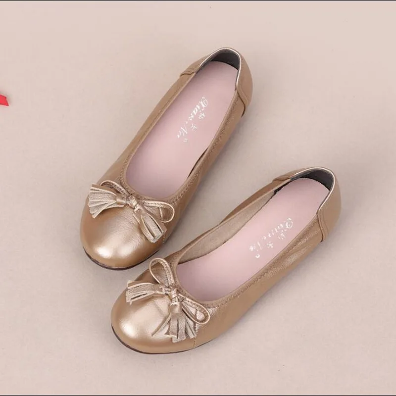 Spring Autumn Genuine Leather Slip On Ballet Flats Shoes Women Loafers Women Fashion Bow Single Shoes Size #34-43