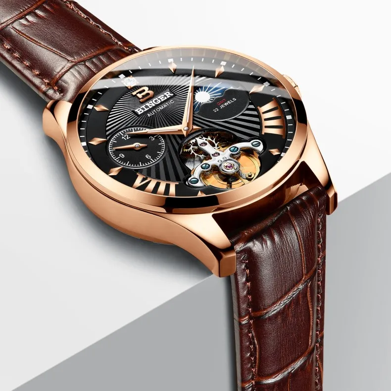 Tourbillon Бингер Мужские часы Роскошные деловые механические часы Мужские автоматические модные водонепроницаемые сапфировые спортивные часы с скелетом