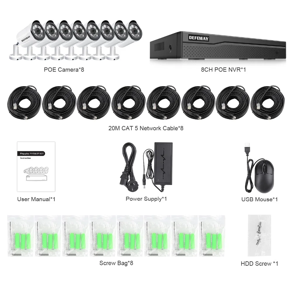 DEFEWAY H.265 + 8CH 5MP POE NVR комплект видеонаблюдения 8 шт. 2MP CCTV наружная AHD пулевая камера