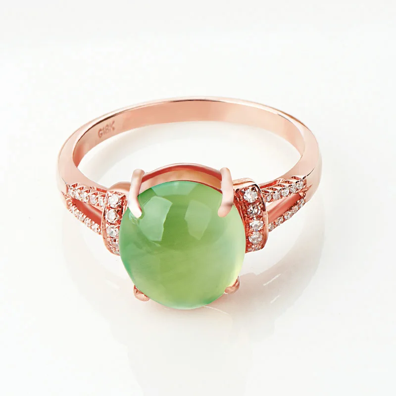 Natural Prehnite Halo Classic Prong Setting with Moissanite Anniversary Ring Solid 14K Rose Gold Birthday Gift | Украшения и