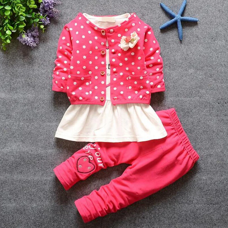 3pcs suit newborn baby girl clothes Kids Spring winter wave point clothing set fashion outfit cotton infant | Мать и ребенок