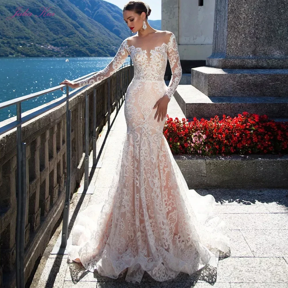 JULIA KUI Empire Mermaid Wedding Dress Full Sleeve Vestido De Noiva With Charming Lace Sewing | Свадьбы и торжества