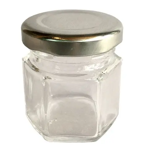 Hexagon silver lids Оптом 24 шт 1,5 унций 45 мл мини шестигранные стеклянные банки с золотыми/серебряными/черными крышками, для варенья, меда, конфет, специй - Цвет: Hexagon silver lids
