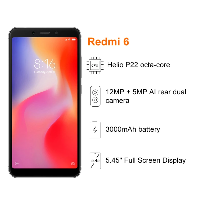 Глобальная версия Xiaomi Redmi 6 3 ГБ 32 мобильный телефон Helio P22 Восьмиядерный 12 Мп + 5 ИИ