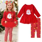 Рождественская Одежда для маленьких девочек 2-6 лет, детский спортивный костюм, Красная футболка с Санта-Клаусом + штаны в полоску, комплекты одежды для детей, BC1191