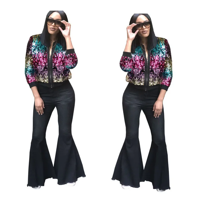 Осень-зима 2019 блестящая женская куртка-бомбер с блестками рукавом три четверти