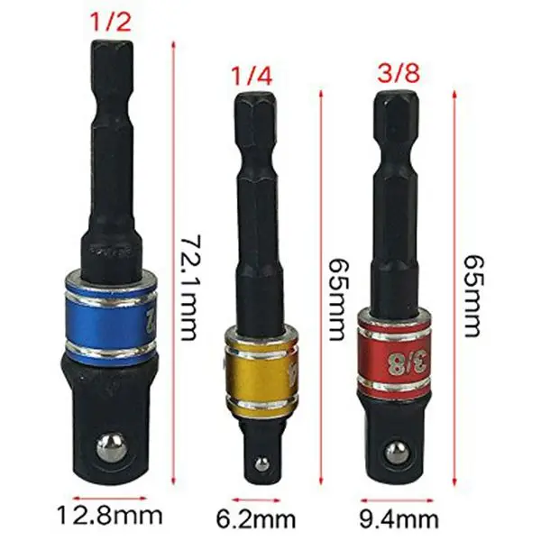 HHO-Impact Adapter and Reducer Set Extension Set Turns Power Drill Into High Speed Nut Driver. 1/4 inch, 3/8 inch, and 1/2 inc