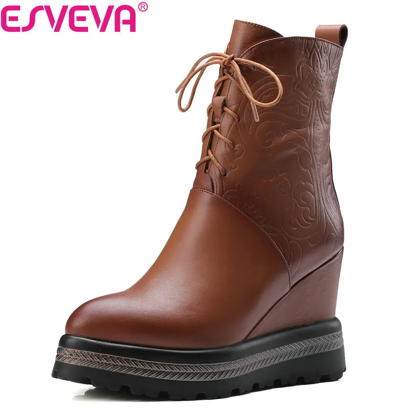 ESVEVA/ г. Женские ботинки короткие плюшевые ботильоны из коровьей кожи и PU искусственной кожи осенне-зимние ботинки на танкетке и высоком каблуке Большой размер 34-42