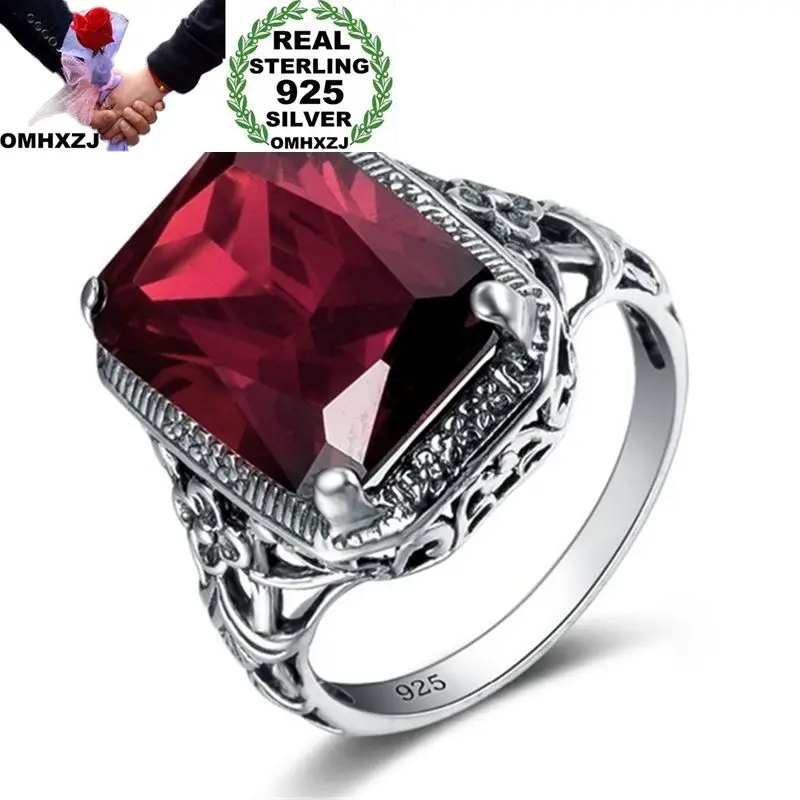 OMHXZJ Wholesale European Fashion Woman Man Party Wedding Gift Silver Red Rectangle AAA Zircon 925 Sterling Ring RR17 | Украшения и
