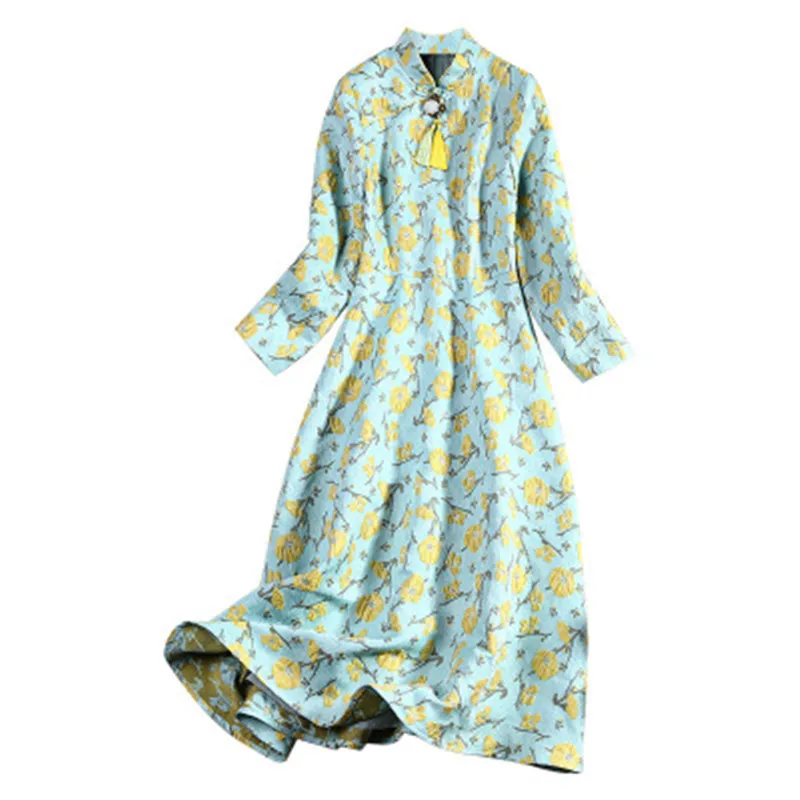 

Elegant Printing Women Cheongsam Dress Chinese Style Slim Vintage Female Max Vestidos Chi Pao Empire Lady Dress