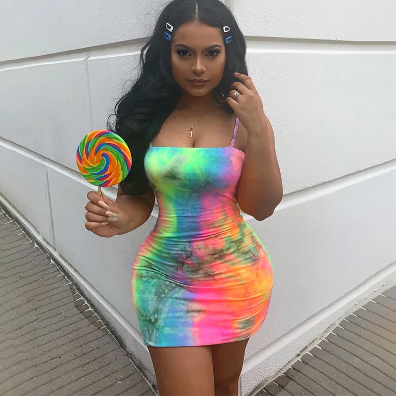 

Print Colorful Spaghetti Straps Sexy Dress Women Fashion Club Party Holiday Streetwear Dresses 2019 Summer
