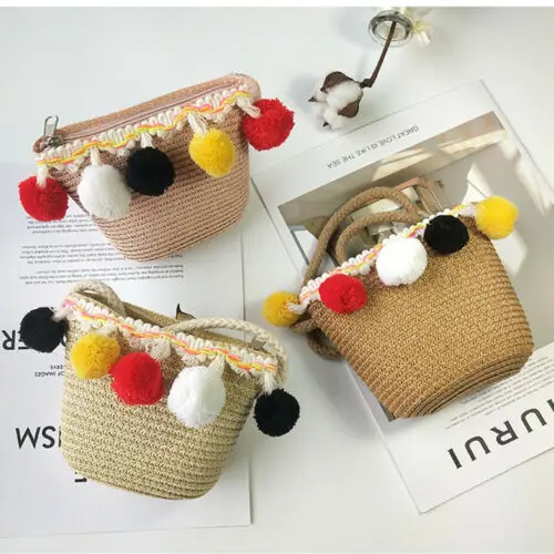 Милая Детская сумка на плечо модная соломенная плетеная вишневая ручной работы