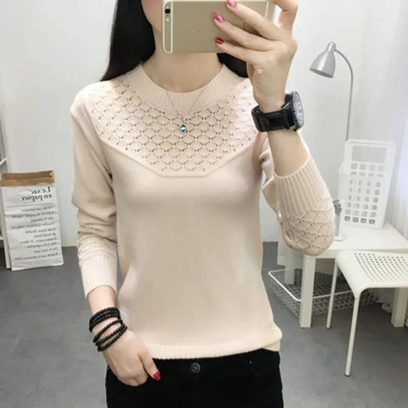 2019 Spring and autumn new ladies Korean version of the loose hollow bottoming shirt thin sweater wild long sleeve ZX182 | Женская