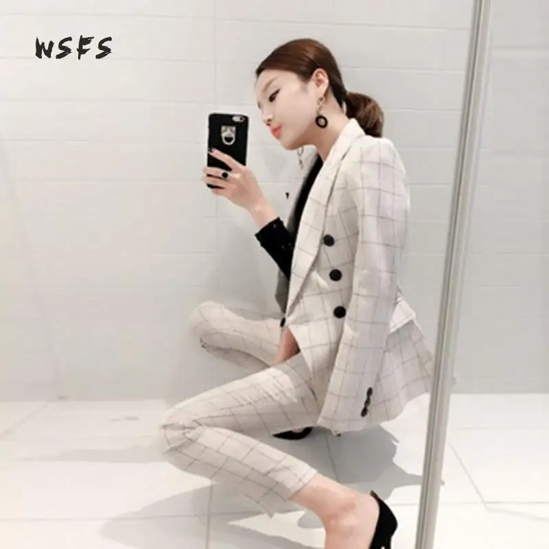 

Wsfs 2 Pieces Set Autumn Business White Plaid Formal Suits For Women Work Office Long Sleeve Bandage Long Pants Womens Vestidos