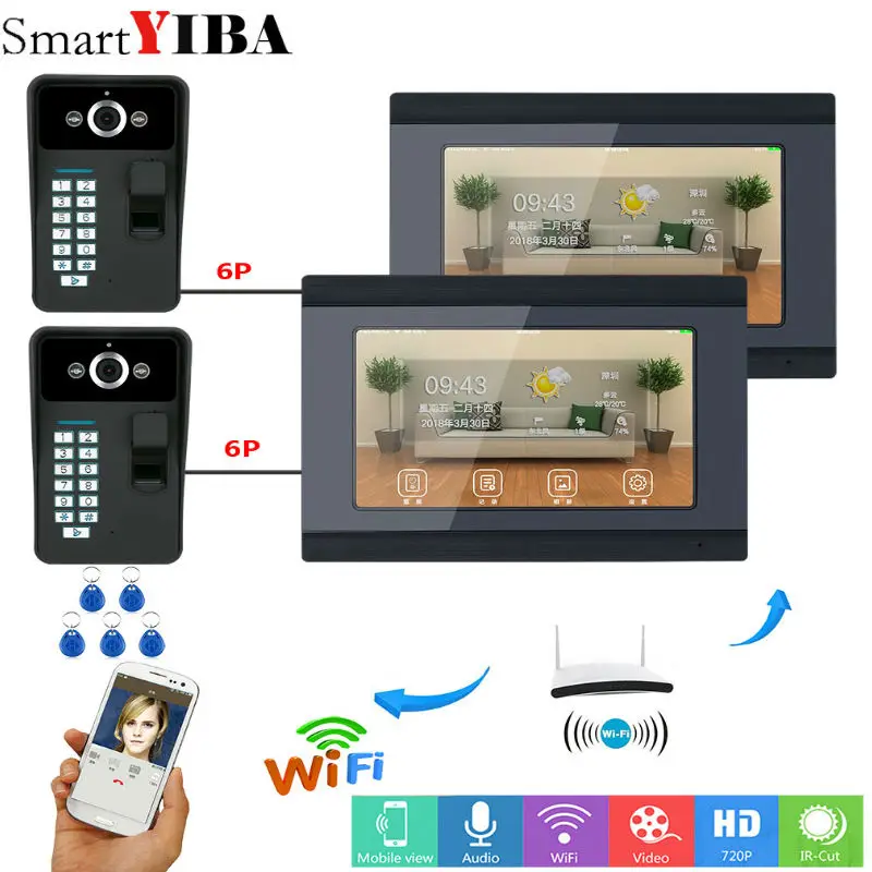 SmartYIBA 2*7 дюймов проводной/Wifi отпечаток пальца RFID пароль видео дверной звонок