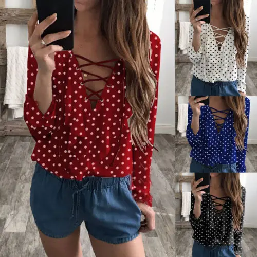 Женская блузка с длинным рукавом V образным вырезом и принтом в горошек|shirt top|ruffle