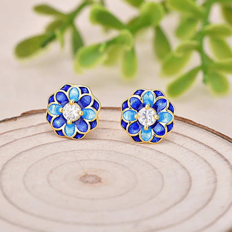 Женские серьги гвоздики с эмалью Cloisonne серебро 925 пробы эмалированные цветком и