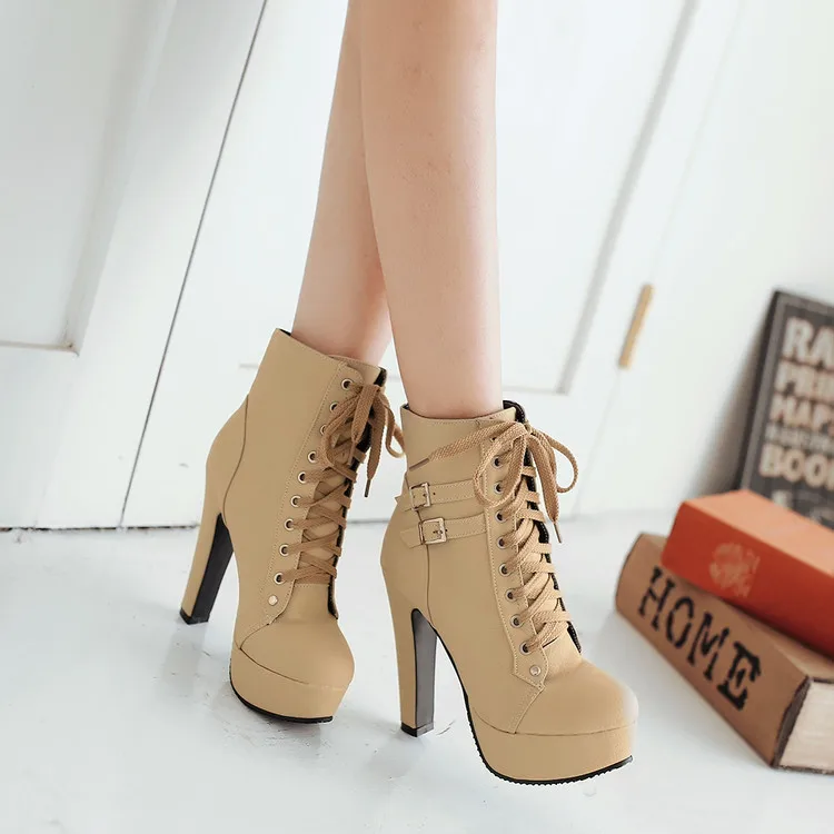 YCXFLYER Spring Women Boots Lacing Metal Buckle Vintage Casual Female Thin High Heels Plus Size Ankle Shoes Free Shipping | Обувь