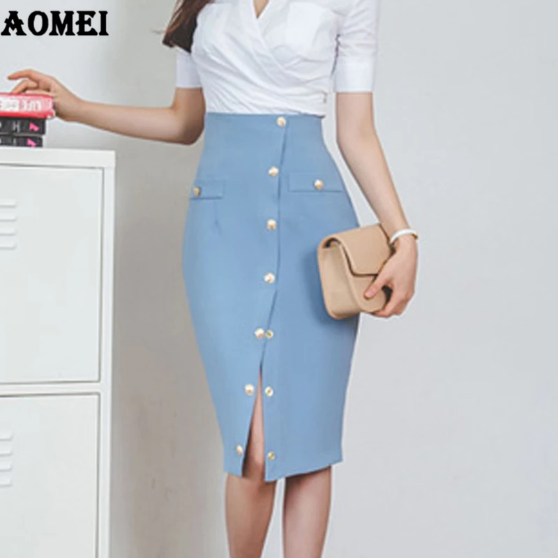 Office Ladies Skirt Workwear Summer High Split Button Up Pockets Casual Women New Arrival Elegant Jupes Female faldas Tutu Saias | Женская