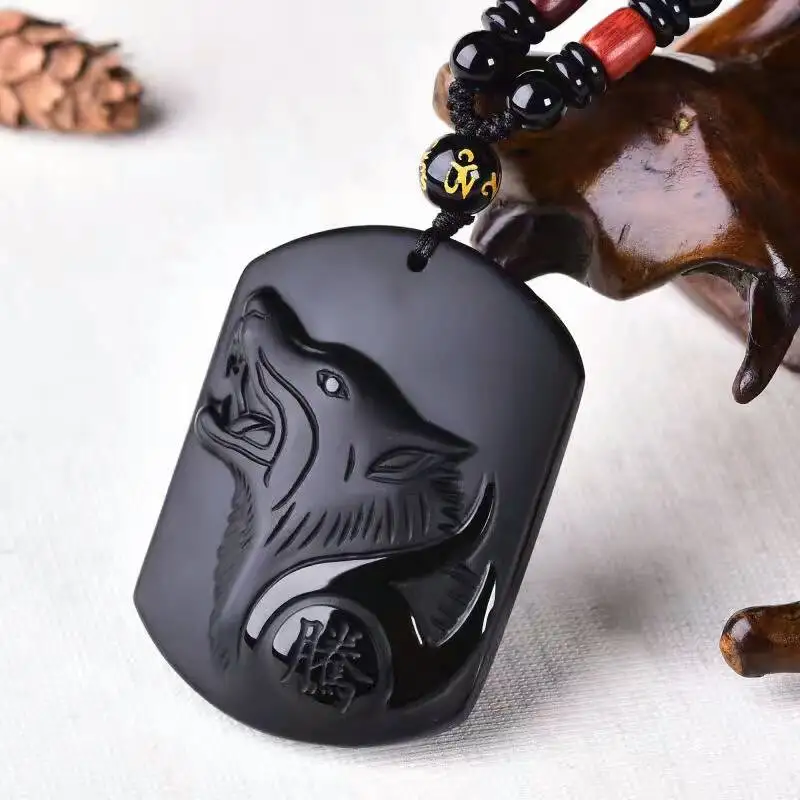 Natural Black Obsidian Carving Wolf Head Amulet pendant free necklace obsidian Blessing Lucky pendants fashion Jewelry | Дом и сад