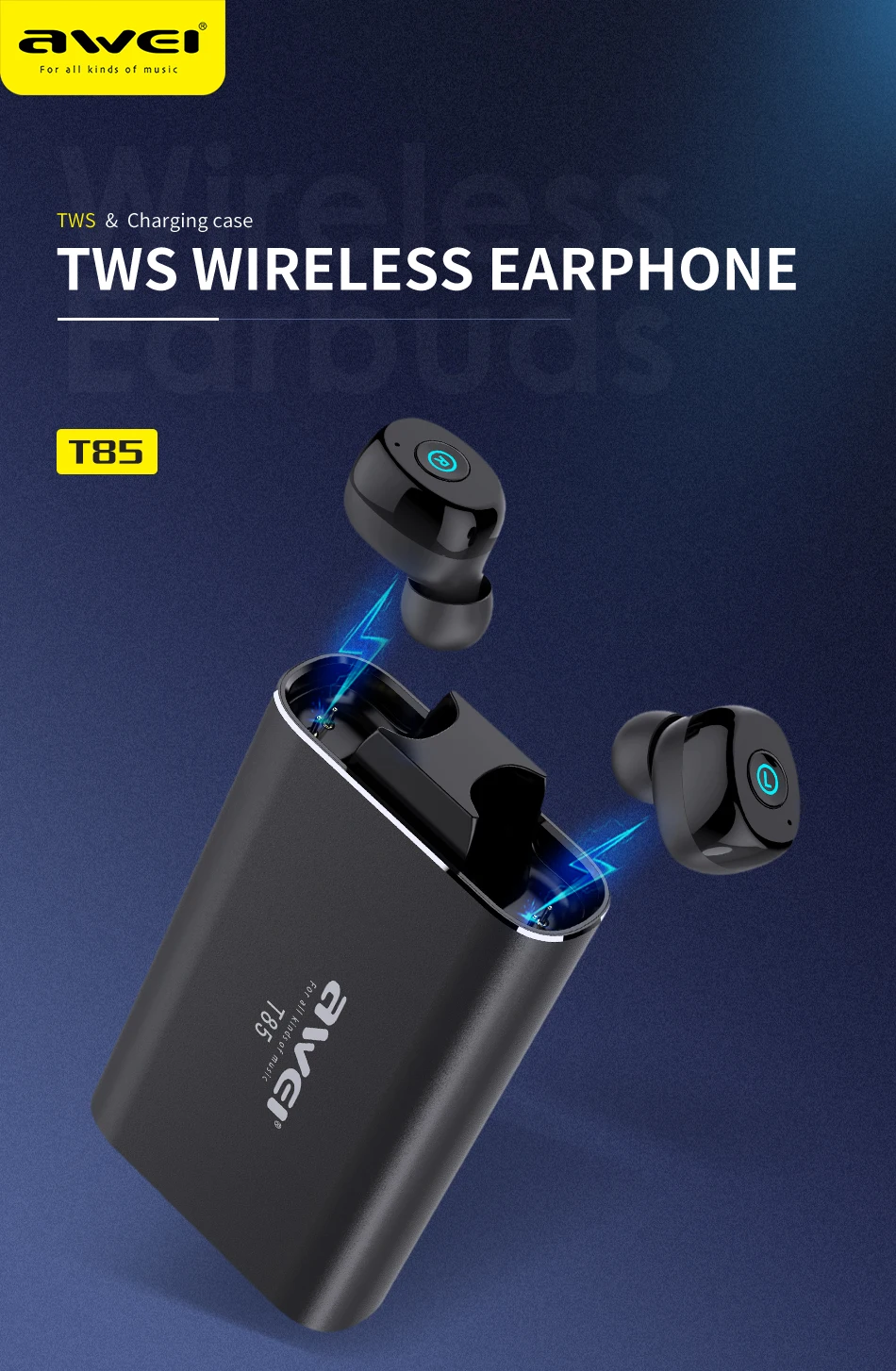 TWS-Наушники AWEI T85 с поддержкой Bluetooth 5 0 и внешним аккумулятором на 1800 мА · ч |