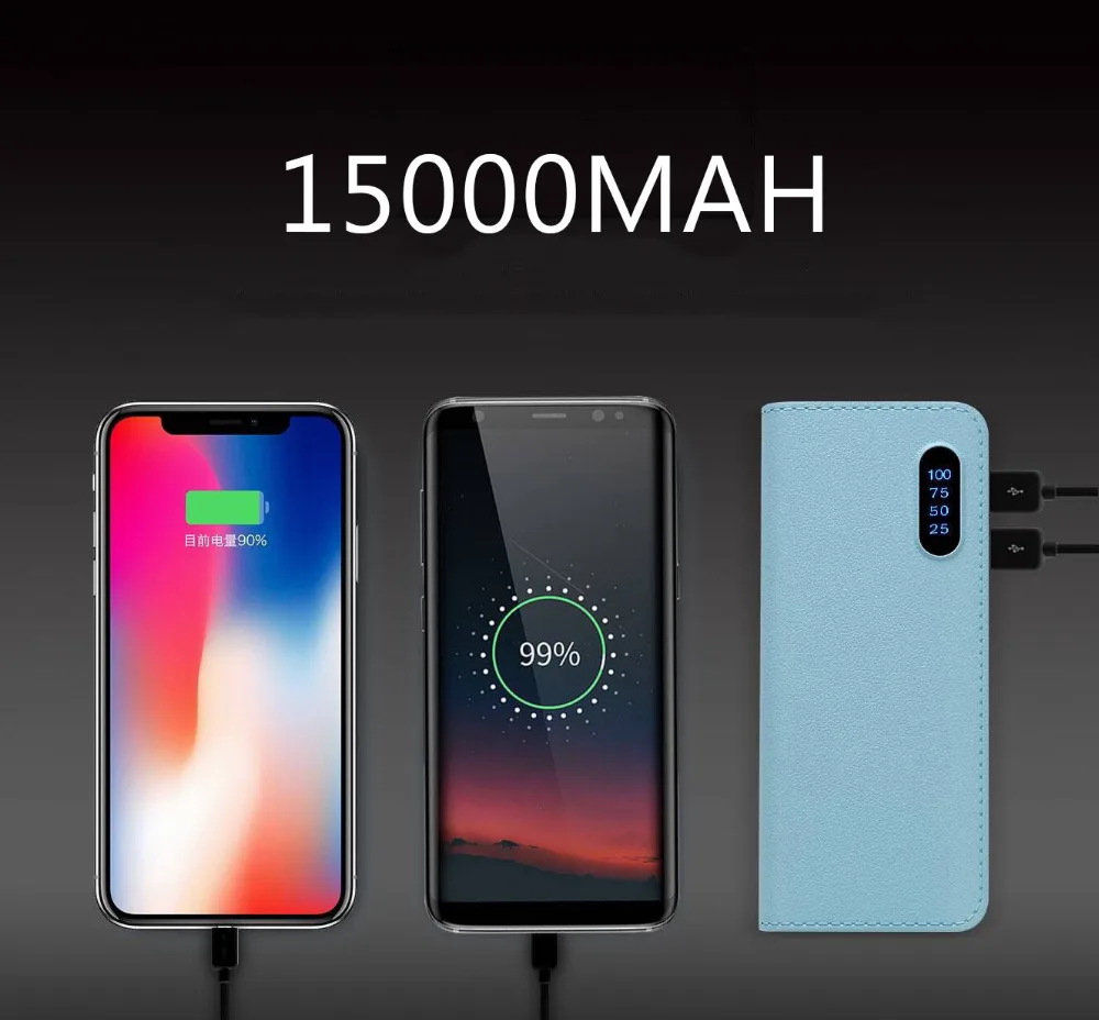 Двойной USB 15000 мАч Внешний аккумулятор 18650*5 кожаный светодиодный фонарик кошелек цветной внешний аккумулятор Зарядка сокровище для Xiaomi samsung