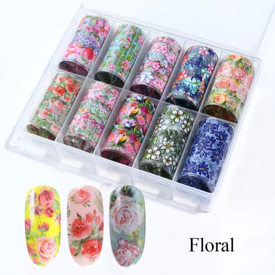 Floral 10 цветов, фольга для дизайна ногтей, наклейки для маникюра, голографическое звездное небо, мраморный блестящий дизайн, клейкая наклейка для украшения ногтей TR1027 - Цвет: Floral