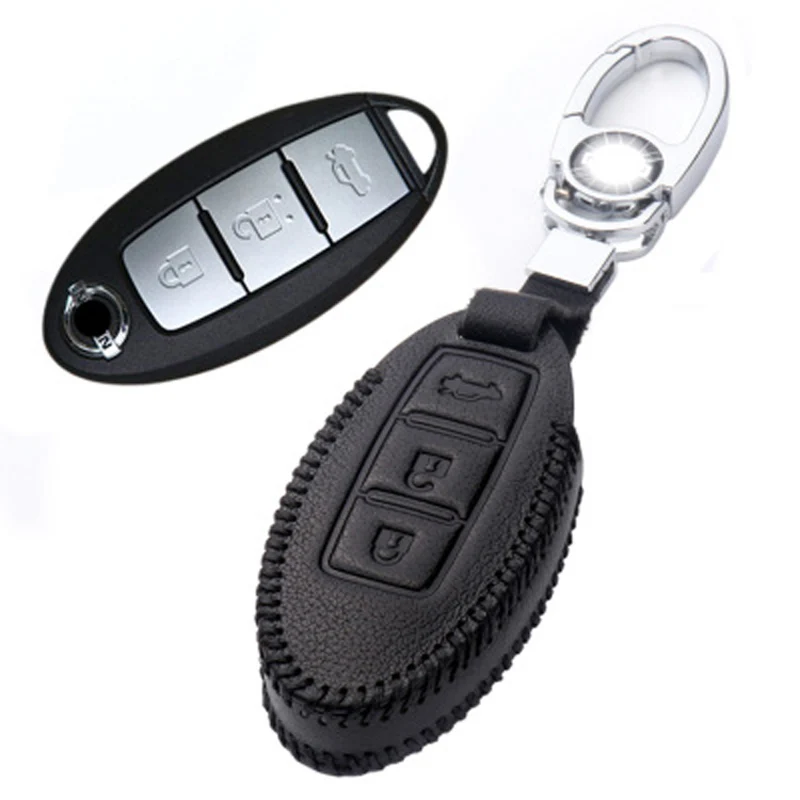 

Genuine PU Leather 3 Button Remote Key Bag Case Fob Holder Chain For Nissan Series B