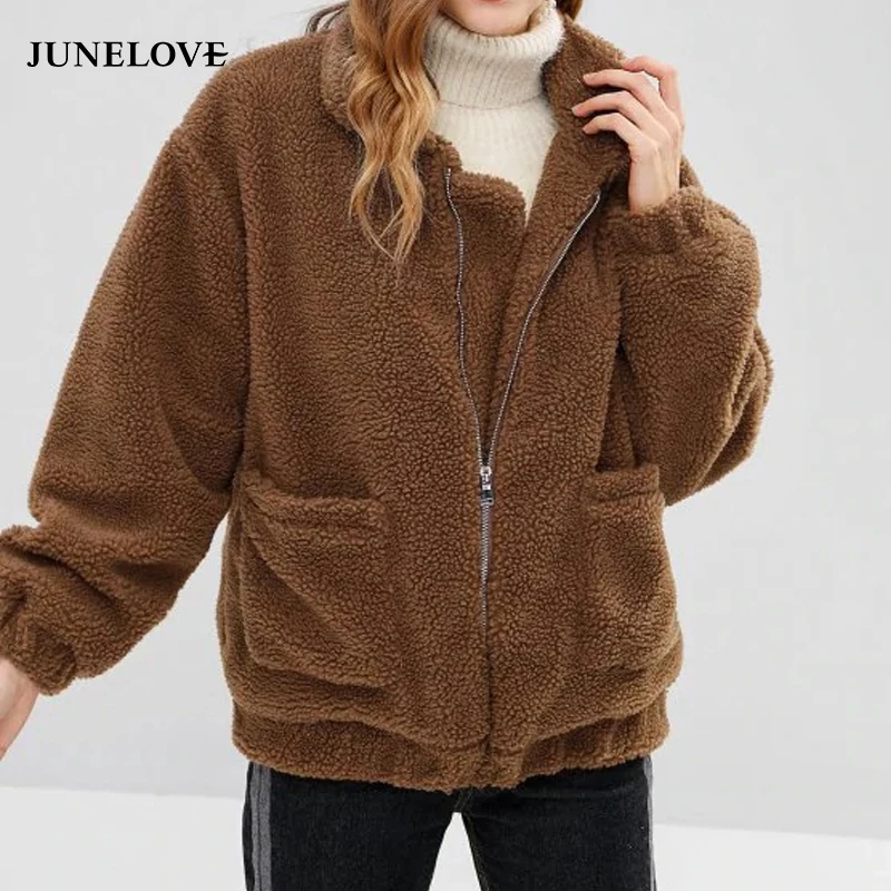 JuneLove Женское зимнее пальто с длинным рукавом и плюшевым мишкой винтажное из