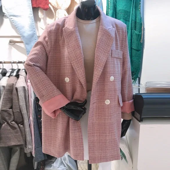 S-xxl розовый цвет женские Блейзер сезон весна осень Зубчатый воротник офисный официальный для женщин блейзер пальто с длинным рукавом Свободные костюм, пиджак в клетку - Цвет: Розовый