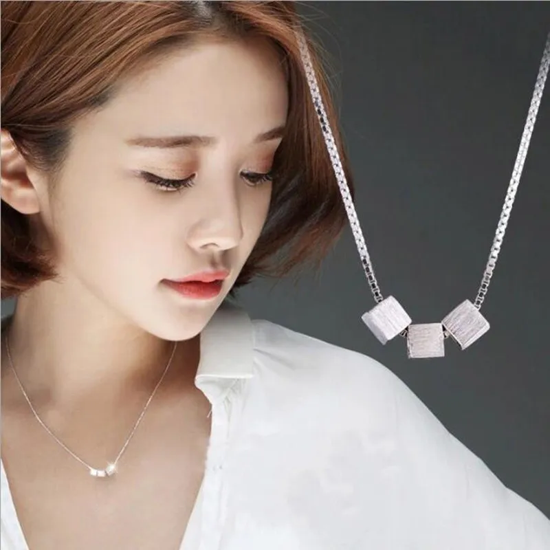 

Personality Three-dimensional Block Brushed 925 Sterling Silver Jewelry Korean Fashion Clavicle Chain Pendant Necklaces N014