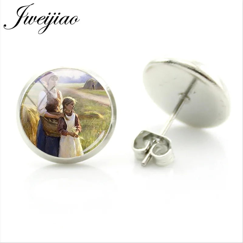 JWEIJIAO Beautiful Flowers Garden Mountain Watercolor Painting Stud Earring Glass Cabochon Earrings Rhodium Plated Jewelry SR05 | Украшения