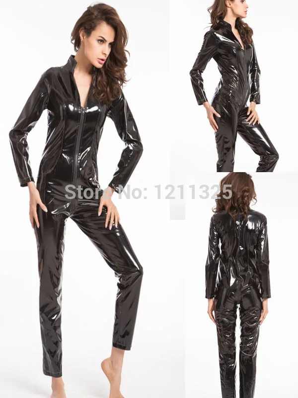 

Free Shipping instyles Tight Sexy Women Catsuits Black Leather Women Jumpsuits High Quality Catsuits Front Zipper s-3xl