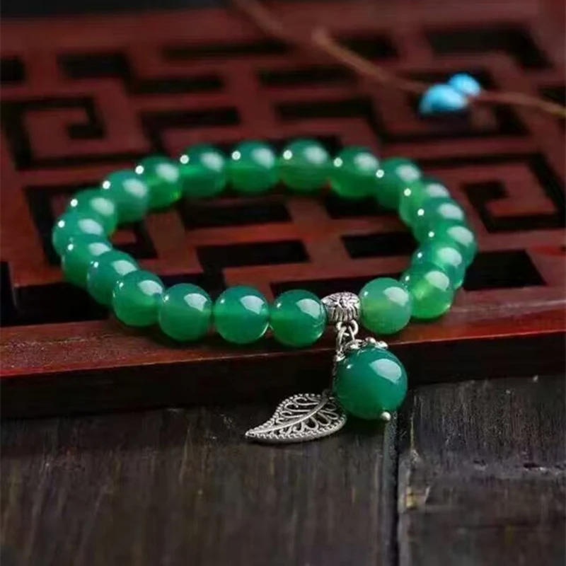 Green Crystal Bracelets Round 8mm Beads Lucky Tibetan Silver Leaf Transfer Ball Pendant for Women Girl Bracelet | Украшения и
