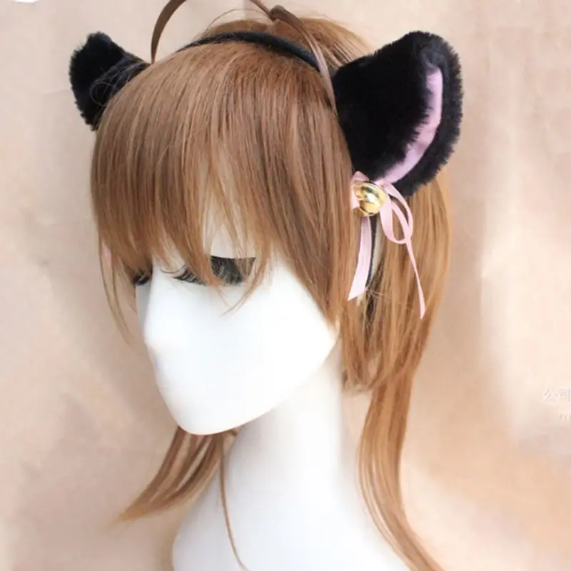 Женский пушистый обруч для волос с кошачьими ушками колокольчиком и бантом аниме