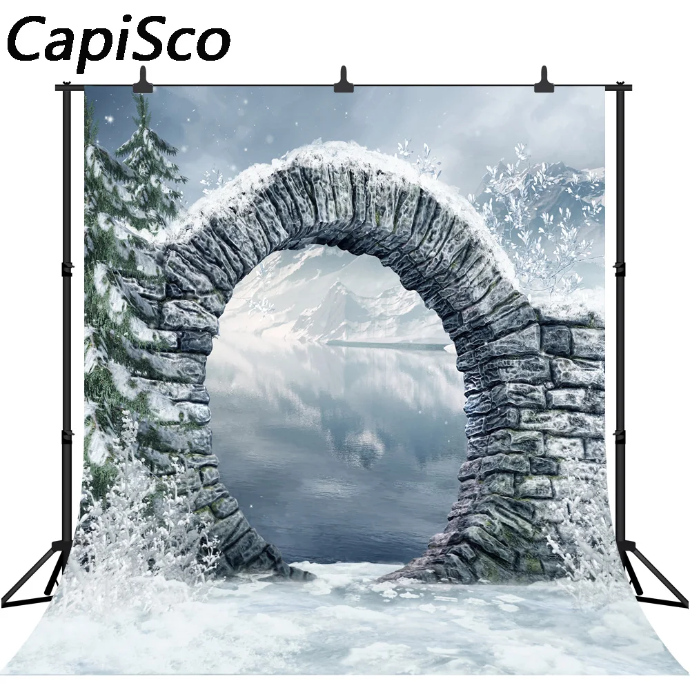 Capisco backdrop for photographic studio winter Snow mountain lake Stone arch Christmas scenery background photobooth photocall |